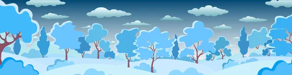 ブッシュ 雲と冬の休日の背景 クリスマスの雪の森 ベクトル農村の夜の風景 スタイリッシュなウェブデザインのための明るいバナー 自然な季節の旗 美しい植物とモダンなトレンディーなイラスト — ストックベクタ