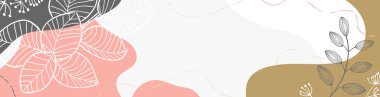 Organik şekilleri, yaprakları, dalları ve bitkileri olan romantik bir pankart. Tatil için modaya uygun karalama tarzında soyut doğal elementler. Basit, şık, minimal tasarım. Modern trend vektör arkaplanı, şablon, tebrik kartı, çerçeve. 