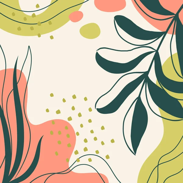 Organik şekilli arka plan, yapraklar, dal ve bitkiler. İş ve tatil için son moda karalama stilindeki soyut doğal unsurlar. Modern trend vektör grafiği, şablon, tebrik kartı, çerçeve, sosyal medya paylaşımı. Basit, şık, minimal tasarım..