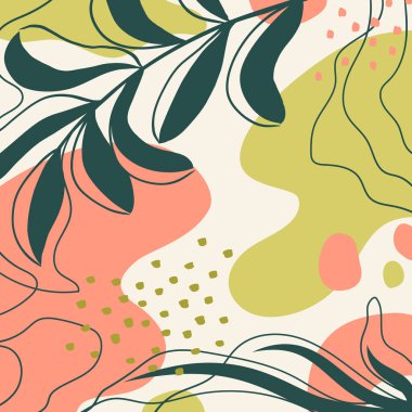 Organik şekilli arka plan, yapraklar, dal ve bitkiler. Modern trend vektör grafiği, şablon, sosyal medya paylaşımı, tebrik kartı, çerçeve. Basit, şık, minimal tasarım. İş ve tatil için modaya uygun karalama tarzında soyut doğal unsurlar.