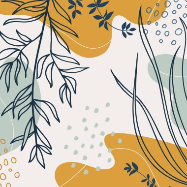 Organik şekilli arka plan, yapraklar, dal ve bitkiler. Modern trend vektör grafiği, şablon, tebrik kartı, çerçeve, sosyal medya paylaşımı. Basit, şık, minimal tasarım. İş ve tatil için modaya uygun karalama tarzında soyut doğal unsurlar.