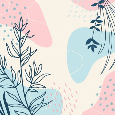 Botanik duvar sanatı. Soyut organik vektör şekilleri, yapraklar, bitkiler. Doğal şablon, kapak, poster, tebrik kartı, çerçeve, karalama tarzında arka plan. Basit, şık, minimal tasarım. Modern iş grafikleri, tatil. Moda arkaplanı.