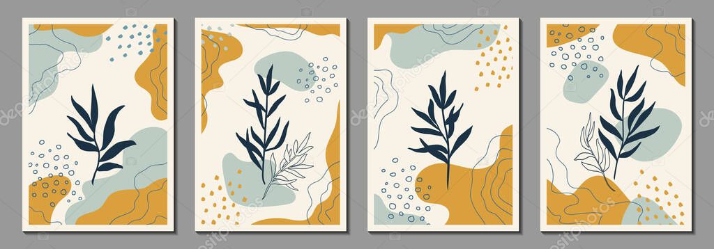 Botanical wall art. Abstract organic vector shapes, leaves, plants. Set of natural template, cover, poster, greeting card, frame, background in doodle style. Simple, stylish, minimal design. Modern graphics for business, holiday. Trendy  backdrop.