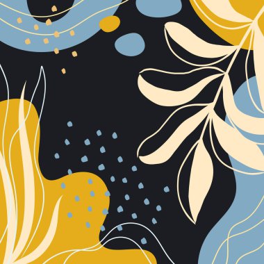 Botanik sanatı. Soyut organik vektör şekilleri, yapraklar, dal, bitkiler. Sosyal medya paylaşımı, şablon, kapak, poster, tebrik kartı ve geçmiş için karalama stilindeki doğal unsurlar. Basit, şık, minimal tasarım. Moda arka planı. Modern grafikler