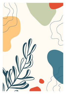 Botanik duvar sanatı. Soyut organik vektör şekilleri, yapraklar, dal, bitkiler. Şablon, kartpostal, poster, tebrik kartı, çerçeve, özgeçmiş için karalama stilindeki doğal elementler. Basit asgari tasarım. Moda desenli arka plan. İş için grafikler