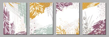Organik şekilleri, bitkileri, yaprakları, lekeleri, sıçramaları olan soyut çiçek vektör şablonları. Posterler, afişler, afişler, kapaklar, tebrik kartları, marka tasarımı için modaya uygun arka planlar. Dokuları ve grafik elementleri olan doğal modern illüstrasyon.  