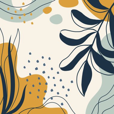 Organik şekilli arka plan, yapraklar, dal ve bitkiler. Modern trend vektör grafiği, şablon, sosyal medya paylaşımı, tebrik kartı, çerçeve. Basit, şık, minimal tasarım. İş ve tatil için modaya uygun karalama tarzında soyut doğal unsurlar.