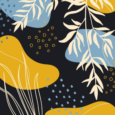 Organik şekilli arka plan, yapraklar, dal ve bitkiler. Modern trend vektör grafiği, şablon, sosyal medya paylaşımı, tebrik kartı, çerçeve. Basit, şık, minimal tasarım. İş ve tatil için modaya uygun karalama tarzında soyut doğal unsurlar.