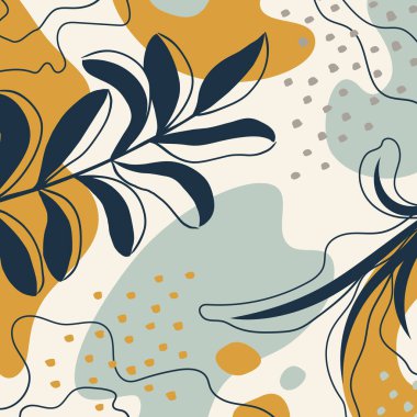 Organik şekilli arka plan, yapraklar, dal ve bitkiler. Modern trend vektör grafiği, şablon, sosyal medya paylaşımı, tebrik kartı, çerçeve. Basit, şık, minimal tasarım. İş ve tatil için modaya uygun karalama tarzında soyut doğal unsurlar.