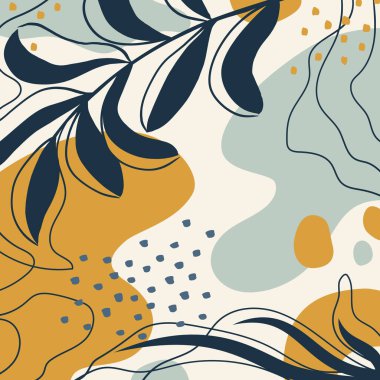 Organik şekilli arka plan, yapraklar, dal ve bitkiler. Modern trend vektör grafiği, şablon, sosyal medya paylaşımı, tebrik kartı, çerçeve. Basit, şık, minimal tasarım. İş ve tatil için modaya uygun karalama tarzında soyut doğal unsurlar.