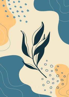 Botanik duvar sanatı. Soyut organik vektör şekilleri, yapraklar, dal, bitkiler. Modern iş grafikleri, tatil. Şablon, kapak, poster, tebrik kartı, çerçeve, arkaplan için karalama stilindeki doğal elementler. Basit, şık, minimal tasarım.. 