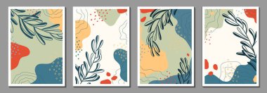 Botanik duvar sanatı. Soyut organik vektör şekilleri, yapraklar, bitkiler. Doğal şablon, kapak, poster, tebrik kartı, çerçeve, karalama tarzında arka plan. Basit, şık, minimal tasarım. Modern iş grafikleri, tatil. Moda arkaplanı.