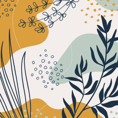 Organik şekilli arka plan, yapraklar, dal ve bitkiler. İş ve tatil için son moda karalama stilindeki soyut doğal unsurlar. Modern trend vektör grafiği, şablon, tebrik kartı, çerçeve, sosyal medya paylaşımı. Basit, şık, minimal tasarım..