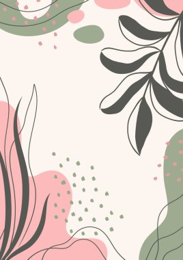 Botanik duvar sanatı. Soyut organik vektör şekilleri, yapraklar, dal, bitkiler. Şablon, kapak, poster, tebrik kartı, çerçeve, arkaplan için karalama stilindeki doğal elementler. Basit, şık, minimal tasarım. İş ve tatil için modern grafikler. 