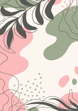 Botanik duvar sanatı. Soyut organik vektör şekilleri, yapraklar, dal, bitkiler. Şablon, kapak, poster, tebrik kartı, çerçeve, arkaplan için karalama stilindeki doğal elementler. Basit, şık, minimal tasarım. İş ve tatil için modern grafikler. 