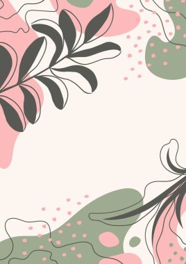 Soyut organik vektör şekilleri, yapraklar, dal, bitkiler. Modern iş grafikleri, tatil. Şablon, kapak, poster, tebrik kartı, çerçeve, arkaplan için karalama stilindeki doğal elementler. Botanik duvar sanatı. Basit, şık, minimal tasarım.. 