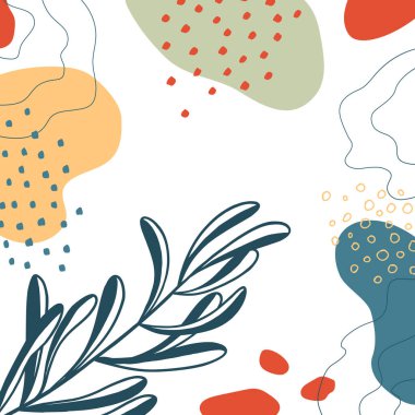 Organik şekilli arka plan, yapraklar, dal ve bitkiler. Modern trend vektör grafiği, şablon, tebrik kartı, çerçeve. Basit, şık, minimal tasarım. İş ve tatil için modaya uygun karalama tarzında soyut doğal unsurlar.