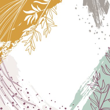 Grunge desenli soyut çiçek vektör şablonu, bitkiler. Sosyal medya paylaşımları, afişler, duvar kağıtları, kapaklar, tebrik kartları, marka tasarımı için modaya uygun bir geçmiş. Dokuları ve grafik elementleri olan doğal modern illüstrasyon.  