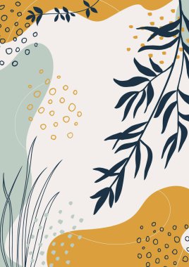 Soyut organik vektör şekilleri, yapraklar, dal, bitkiler. Modern iş grafikleri, tatil. Şablon, kapak, poster, tebrik kartı, çerçeve, arkaplan için karalama stilindeki doğal elementler. Botanik duvar sanatı. Basit, şık, minimal tasarım.. 