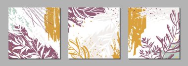 Organik şekilleri ve bitkileri olan soyut çiçek vektör şablonları. Sosyal medya paylaşımları, afişler, kapaklar, tebrik kartları, marka tasarımı için modaya uygun boya arkaplanları. Dokuları ve grafik elementleri olan doğal modern çizimler.  