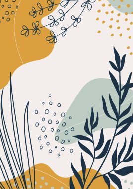 Soyut organik vektör şekilleri, yapraklar, dal, bitkiler. Basit, şık, minimal tasarım. Şablon, kapak, poster, tebrik kartı, çerçeve, arkaplan için karalama stilindeki doğal elementler. Botanik duvar sanatı. İş ve tatil için modern grafikler. 