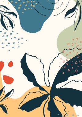 Botanik sanatı. Soyut organik vektör şekilleri, yapraklar, dal, bitkiler. Şablon, kapak, poster, tebrik kartı, çerçeve, arkaplan için karalama stilindeki doğal elementler. Modern iş grafikleri, tatil. Basit, şık, minimal tasarım..  