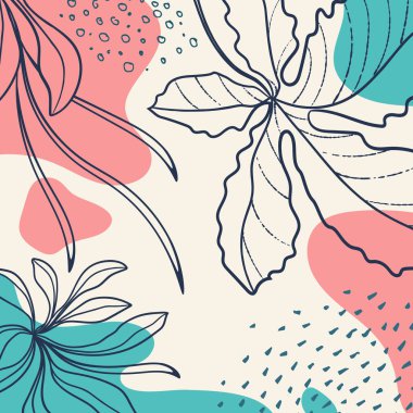 Organik şekilli arka plan, yapraklar, dal ve bitkiler. Modern trend vektör grafiği, şablon, sosyal medya paylaşımı, tebrik kartı. İş ve tatil için karalama stilindeki soyut doğal unsurlar. Basit, şık, minimal tasarım..