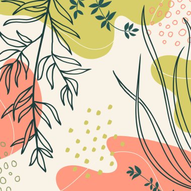 Organik şekilli arka plan, yapraklar, dal ve bitkiler. Modern trend vektör grafiği, şablon, sosyal medya paylaşımı, tebrik kartı. İş ve tatil için karalama stilindeki soyut doğal unsurlar. Basit, şık, minimal tasarım..