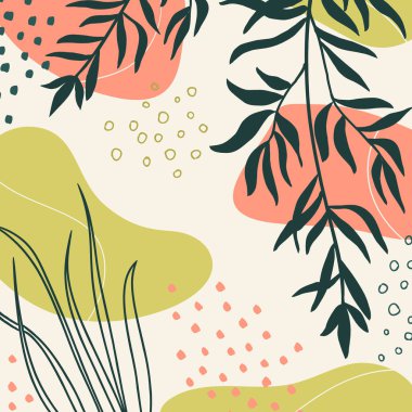 Organik şekilli arka plan, yapraklar, dal ve bitkiler. İş ve tatil için son moda karalama stilindeki soyut doğal unsurlar. Modern trend vektör grafiği, şablon, tebrik kartı, çerçeve, sosyal medya paylaşımı. Basit, şık, minimal tasarım..