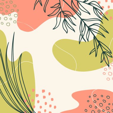 Soyut organik vektör şekilleri, yapraklar, dal, bitkiler. Modern iş grafikleri, tatil. Şablon, kapak, poster, tebrik kartı, çerçeve, arkaplan için karalama stilindeki doğal elementler. Botanik duvar sanatı. Basit, şık, minimal tasarım.. 