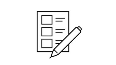 Oylama ile ilgili animasyon simgesi. Siyasi seçimlerde oy pusulasını doldurmak. Seçmen anketi. Kalem kağıdın üzerine bir işaret koyar. Basit grafiklerle animasyon. Vektör hattı. FullHD 1080p 2B düz.