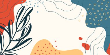 Organik şekilli botanik afişi, yapraklar, bitkiler. Tatil ve iş için modaya uygun karalama tarzında soyut doğal unsurlar. Basit, minimal tasarım. Modern vektör arkaplanı, tebrik kartı, davet, şablon. 