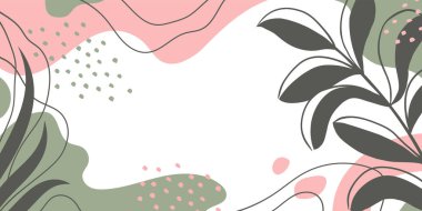 Organik şekilli botanik afişi, yapraklar, bitkiler. Tatil ve iş için modaya uygun karalama tarzında soyut doğal unsurlar. Basit, minimal tasarım. Modern vektör arkaplanı, tebrik kartı, şablon, davet. 