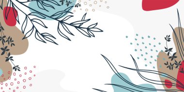 Organik şekilli botanik afişi, yapraklar, bitkiler. Tatil ve iş için modaya uygun karalama tarzında soyut doğal unsurlar. Basit, minimal tasarım. Modern vektör arkaplanı, tebrik kartı, şablon, davet. 