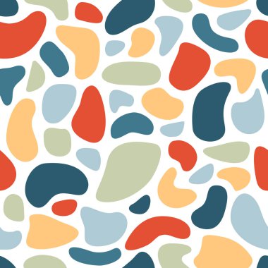 Soyut organik şekilleri ve lekeleri olan kusursuz bir desen. Arkaplan, duvar kağıdı, tekstil, kapak, afiş ve tebrik kartı için karalama tarzında vektör ögeleri. Basit, şık, minimal tasarım. Tatil için modern grafik. Moda desenli arka plan.