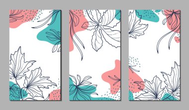 Soyut organik vektör şekilleri, yapraklar, dal, bitkiler. Sosyal medya paylaşımı, kapak, poster, hikayeler, geçmiş için karalama tarzında doğal şablon seti. Modern iş grafikleri, tatil. Basit, şık, minimal tasarım. Botanik Sanatı. 