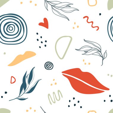 Soyut organik şekilleri, lekeleri ve çizgileri olan kusursuz bir desen. Arkaplan, duvar kağıdı, tekstil, kapak, pankart, tebrik kartı için karalama stilinde renkli vektör unsurları. Basit, eğlenceli tasarım. Tatil için modern grafik. Moda desenli arka plan.