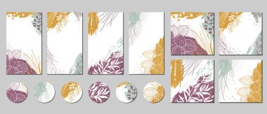 Sosyal medya paylaşımları, hikayeler, afişler, marka tasarımı için şablonlar. Organik şekilleri, bitkileri ve yaprakları olan soyut çiçek vektörleri. Boya dokuları ve grafik elementleri olan modern botanik çizimler. Doğal tasarım.