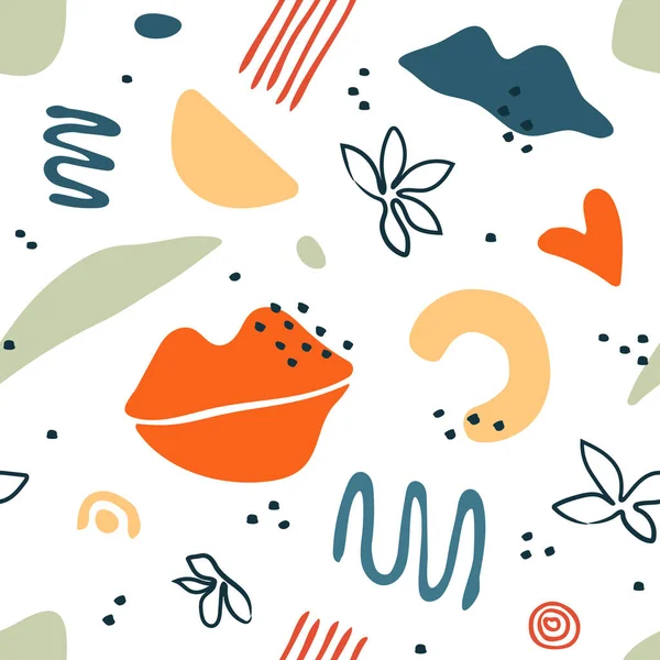 Soyut organik şekilleri, lekeleri ve çizgileri olan kusursuz bir desen. Arkaplan, duvar kağıdı, tekstil, kapak, pankart, tebrik kartı için karalama stilinde renkli vektör unsurları. Basit, eğlenceli tasarım. Tatil için modern grafik. Moda desenli arka plan.