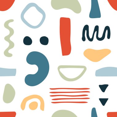 Soyut organik şekilleri, lekeleri ve çizgileri olan kusursuz bir desen. Arkaplan, duvar kağıdı, tekstil, kapak, pankart, tebrik kartı için karalama stilinde renkli vektör unsurları. Basit, eğlenceli tasarım. Tatil için modern grafik. Moda desenli arka plan.