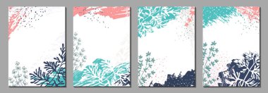 Boya dokuları ve bitkilerle soyut çiçek vektör şablonları. Posterler, afişler, kapaklar, tebrik kartları, marka tasarımı için modaya uygun arka planlar. Doğal modern çizimler ve grafik elementleri.  