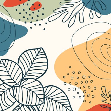 Botanik sanatı. Soyut organik vektör şekilleri, yapraklar, bitkiler. Sosyal medya paylaşımı, kapak, poster, tebrik kartı, özgeçmiş için karalama tarzı doğal şablon. Tatil ve iş için modern grafikler. Basit, şık, minimal tasarım. Moda arkaplanı.