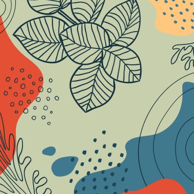 Botanik sanatı. Soyut organik vektör şekilleri, yapraklar, bitkiler. Sosyal medya paylaşımı, kapak, poster, tebrik kartı, özgeçmiş için karalama tarzı doğal şablon. Tatil ve iş için modern grafikler. Basit, şık, minimal tasarım. Moda arkaplanı.