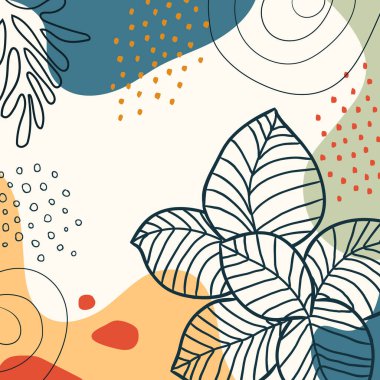 Botanik sanatı. Soyut organik vektör şekilleri, yapraklar, bitkiler. Sosyal medya paylaşımı, kapak, poster, tebrik kartı, özgeçmiş için karalama tarzı doğal şablon. Tatil ve iş için modern grafikler. Basit, şık, minimal tasarım. Moda arkaplanı.