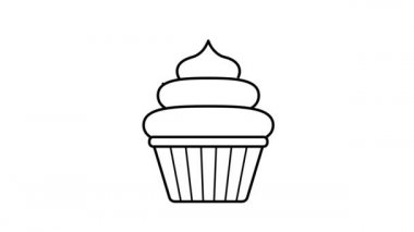 Alpha Channel 'lı cupcake ile animasyon. Yemek ikonu. Şeffaf arka plan. Kafe, restoran, şekerleme için dinamik, minimal web tasarımı. Doğum günü pastası, tatil, parti. Menü için tatlı. Kendi kendine bir sınır çiziyor. 2B düz.