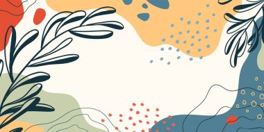 Organik şekilli botanik afişi, yapraklar, bitkiler. Tatil ve iş için modaya uygun karalama tarzında soyut doğal unsurlar. Modern vektör geçmişi, tebrik kartı, şablon, davetiye. Basit, minimal tasarım.