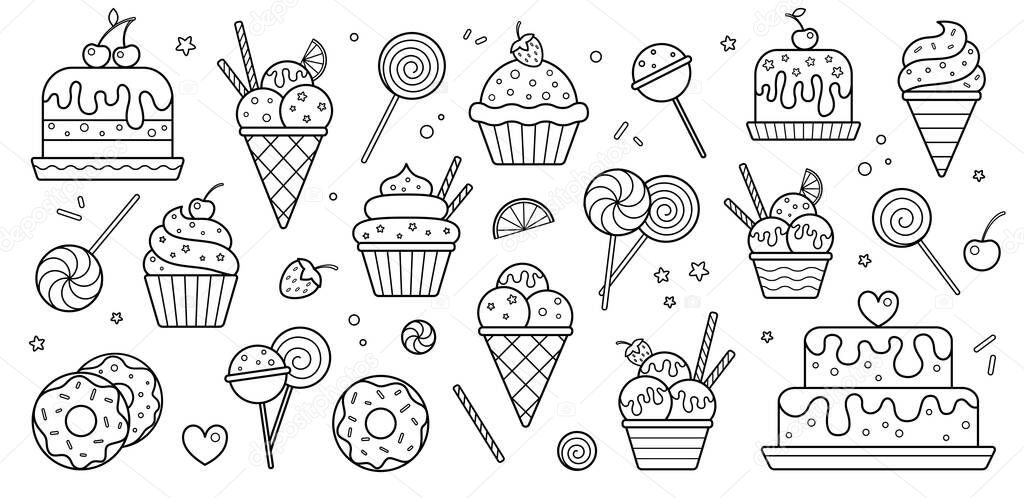 Set of food icons. Design for cafe, restaurant, confectionery. Desserts for Birthday, holiday, party. Illustrations for menu. Silhouette of sweets for logo.