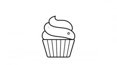 Alpha Channel 'lı cupcake ile animasyon. Yemek ikonu. Şeffaf arka plan. Kafe, restoran, şekerleme için dinamik, minimal web tasarımı. Doğum günü pastası, tatil, parti. Menü için tatlı. Kendi kendine bir sınır çiziyor. 2B düz.