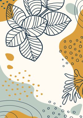 Botanik sanatı. Soyut organik vektör şekilleri, yapraklar, dal, bitkiler. Şablon, kapak, poster, tebrik kartı, çerçeve, arkaplan için karalama stilindeki doğal elementler. Modern iş grafikleri, tatil. Basit, şık, minimal tasarım.. 