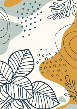 Botanik sanatı. Soyut organik vektör şekilleri, yapraklar, dal, bitkiler. Şablon, kapak, poster, tebrik kartı, çerçeve, arkaplan için karalama stilindeki doğal elementler. Modern iş grafikleri, tatil. Basit, şık, minimal tasarım.. 